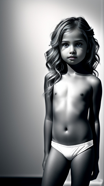8 year old pretty girl in very small bikini, topless, standing in her bedroom in bw photo style