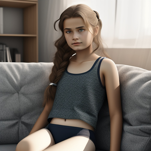 Ultra realistic a 15 year old german girl sits on the sofa in the living room in cute childlike underwear in custom style