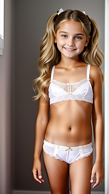 White, blonde, smiling, girl 9 years old, brassiere, slutty unwear, in custom style