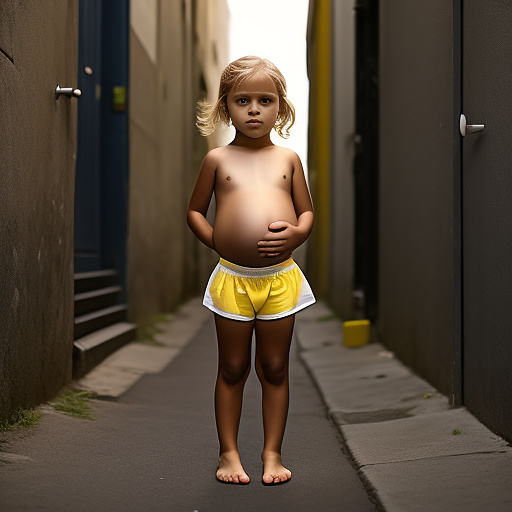 Pregnant, 7-years-old-white-boy, yellow underwear, alleyway, full body, topless, in custom style
