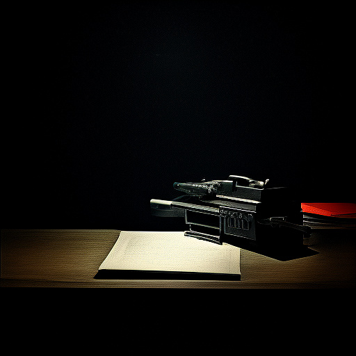 In a dark room, there is a telephone and a gun on the table. a man is sitting on a chair, and he is dead. in custom style