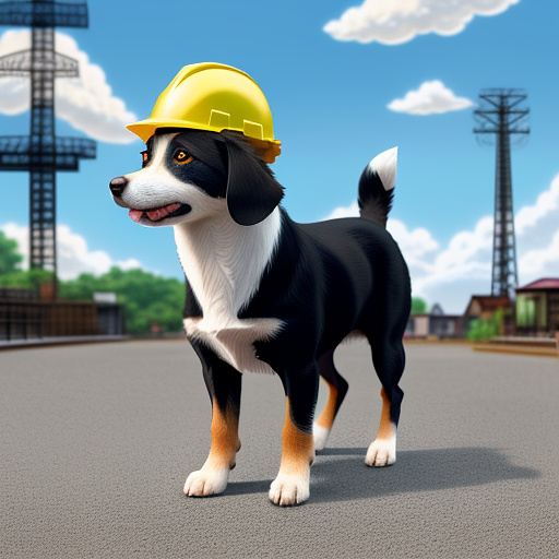 Cute dog realistic with hard hat standing & looking alert in anime style