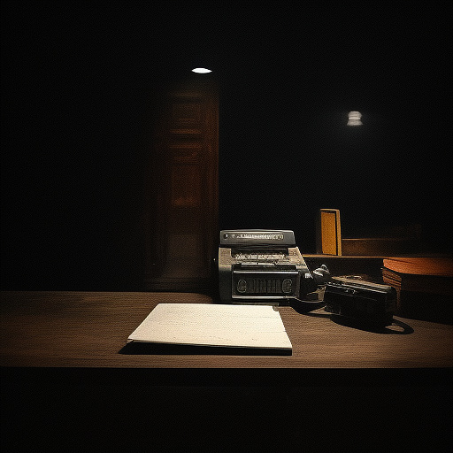 In a dark room, there is a telephone and a gun on the table. a man is sitting on a chair, and he is dead. in custom style