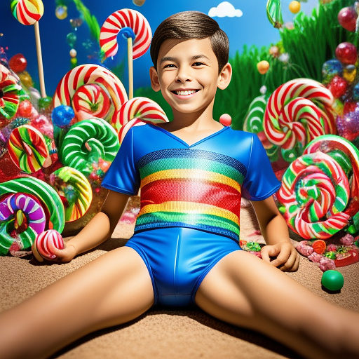 10 year old boy in a tight swim suit spreading legs towards the camera in kids painted style