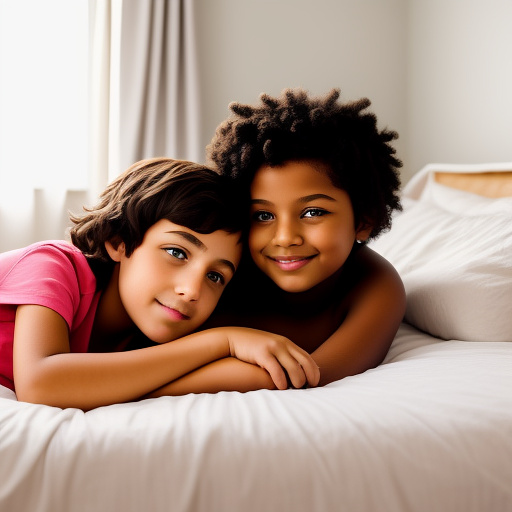 An 11 year old boy and his mother laying in bed  in custom style