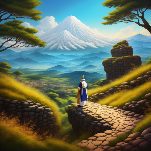 Moses, wearing a tallit on a mountain in anime style