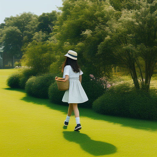A girl is skipping across a sunny lawn. she has a basket in her hands and a hat on her head. in custom style