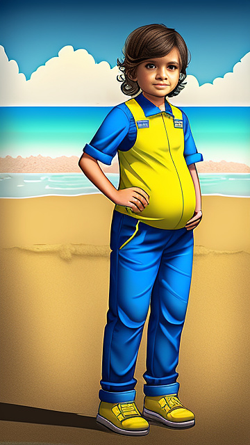 Realistic, detailed, pregnant, 7 years old boy, yellow jumpsuit, beach in custom style