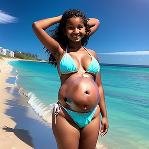 Pregnancy of 13-years-old girl pregnant of 40 weeks at the beach wearing bikini and a big juicy belly with white skin in custom style