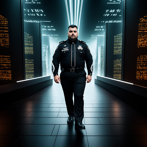 Full body obese dark haired security man without beard in angelcore style
