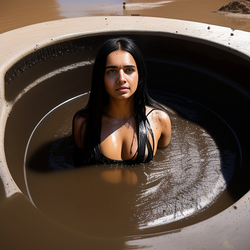 A beautiful young woman with white skin and long straight black hair wearing a bikini stuck in a large vat of disgusting mud. she is crying. in egypt style