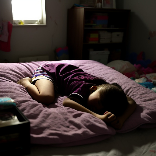 A 13-year-old girl is lying on a bed and crying. the room is dark and messy, the bed is broken. in custom style