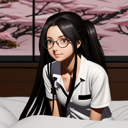 Ultra realistically a 22 year old german girl with a black braid with glasses and brown eyes 1.70 tall thin with a cell phone in hand with schoolgirl uniform with a spreading legs on the bed and underwear with opening in the crotch in anime style