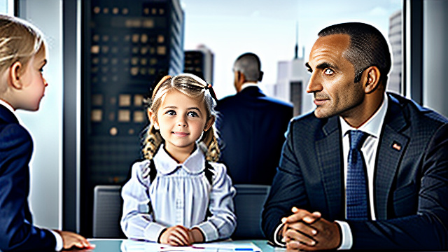 White, blonde, girl 7 years old  looking at 35yr-business-man, show both people fully in picture, in custom style