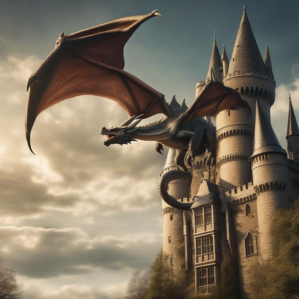 A dragon flying high in the sky above a hogwarts style castle in realistic style