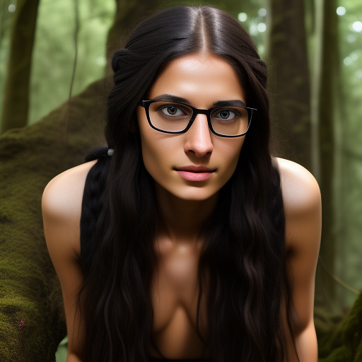 Ultra realistically a 22 year old german girl with a black braid with glasses and brown eyes 1.70 tall thin in the forest has sex with a 40 year old man who penetrates his penis into her vagina his sperm runs out of her vagina in custom style