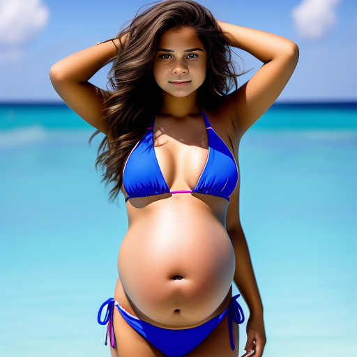 Pregnant 13-year-old girl wearing a bikini while showing her 50 weeks belly to the camera  in custom style