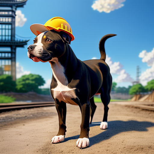 Cute dog realistic pit bull with hard hat standing & looking alert in anime style