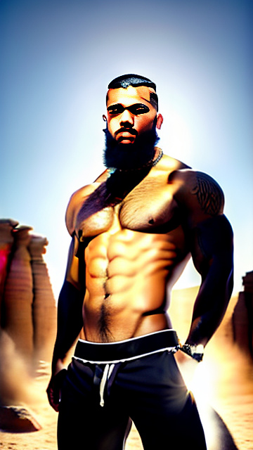  alam wernik muslim arab full beard hairy chest masculine alphamale tattooed wearing sweatpants pumped ripped swollen muscles gold chains buzzcut high and tight shaved sides posing desert in egypt style