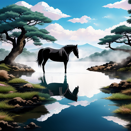 A black horse standing in a mysterious lake.
 in anime style