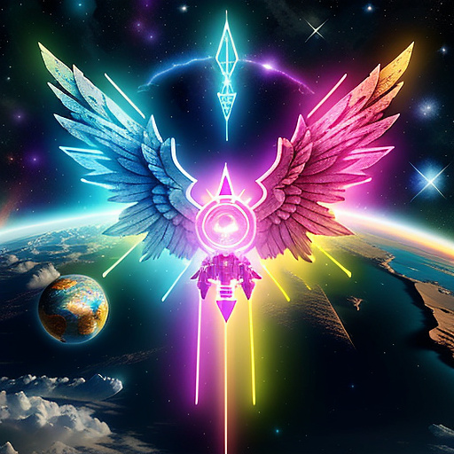 A cheerful transformer flies through space against the backdrop of planets. in angelcore style