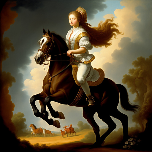 A girl with long hair on a horse fighting with big snakes in rococo style