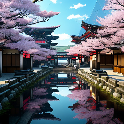 Anime, 2305, hyper futuristic, hi tech, modern, golden lotus printed, summer, noon, outside of a way too oversized, modern and luxurious main entrance, new red cherry blossom village, light gold and onyx black, rich and edgy dressed people walking by in anime style