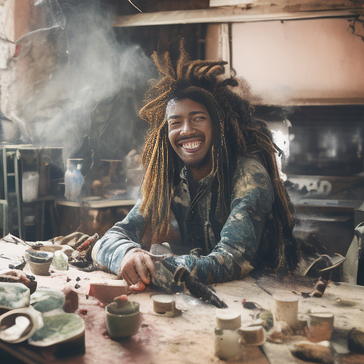 A black rastafarian is sitting on a worktable, smiling happily and smoking. the room is smoky. he's wearing a pink cap. in custom style