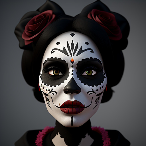 Day of the dead, in the style of unreal engine 5, caricature-like illustrations, exaggerated facial expression, close up in custom style