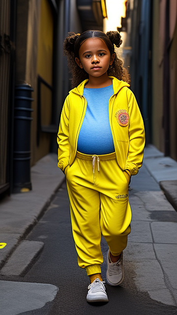 Realistic, pregnant, 7-years-old-girl, jenna ortega, alley, day, yellow jogger suit, in custom style
