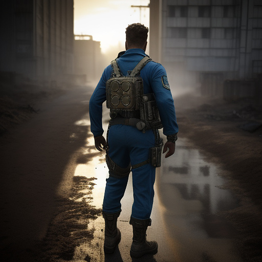 A vault dweller from vault 72 typically has a cleaner and more uniform appearance compared to other wasteland survivors. they wear a distinctive jumpsuit made of durable blue fabric, marked with yellow stripes and the number 72 emblazoned on the back. this suit, designed for both comfort and practicality, is usually well-maintained, though it might show signs of wear and tear if they've been outside for a while. their skin may appear less weathered, and their features less rugged than those who have spent more time in the wasteland, reflecting a life lived largely underground. however, their eyes might carry a mix of curiosity and wariness, adjusting to the harsh realities of the outside world. they also often have a pip-boy on their wrist, a multi-functional device essential for navigation and survival, further identifying them as someone from vault 72. in steampunk style