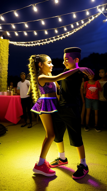 A 11-year-old girl and her 11-year-old boyfriend dancing reggaeton together at a lively outdoor party at night, with string lights above them. in custom style