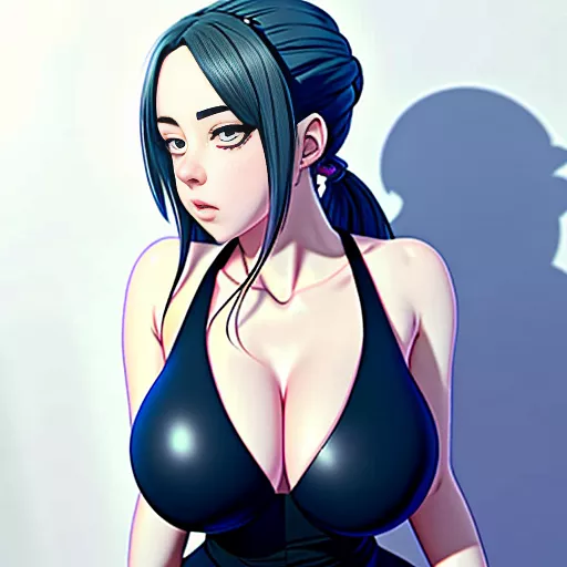 Busty, topless, hour glass figure, looks like billie eilish, kneeling, tongue out in anime style