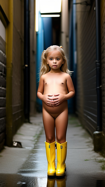 Pregnant, 7-years-old-girl, blonde, yellow boots, topless nude, alleyway, front view, hand behind in custom style