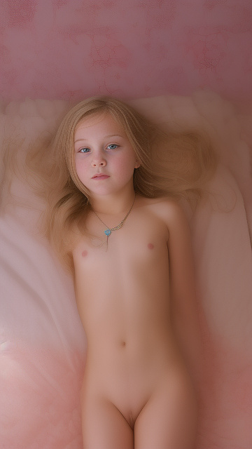 A 7-year-old girl lies naked on a bed and masturbates. in custom style