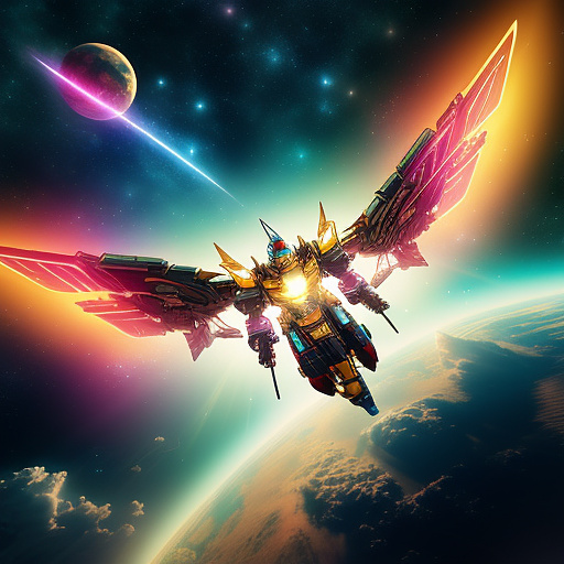 A cheerful transformer flies through space against the backdrop of planets. in angelcore style