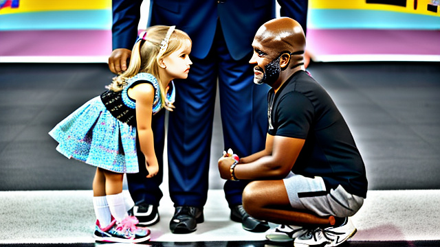White, blonde, very cute, girl 8 years old , girl on her knees, facing towards black uncle who is standing, both people shown in picture  in custom style