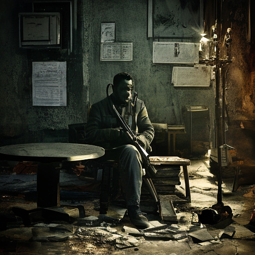 In a dark room, there is a telephone and a gun on the table. a man is sitting on a chair, and he is dead. in custom style