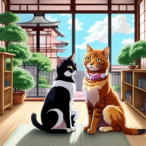 A cute cat and a dog sitting in the living room in anime style