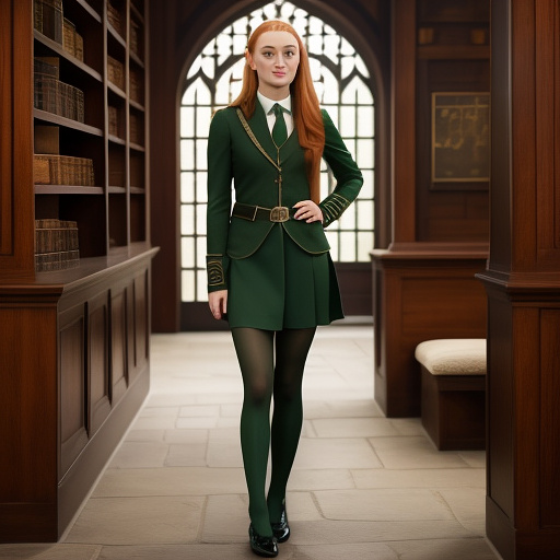 Sophie turner in full harry potter slytherin uniform with green pantyhose and flats in custom style