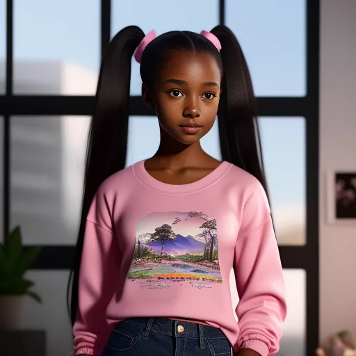 Black girl, 11 years old, tall, a little bit of muscles, hair in 1 ponytail, very dark brown hair, many pimples, brown eyes, pink unicorn longsleeve shirt, jeans,  in anime style