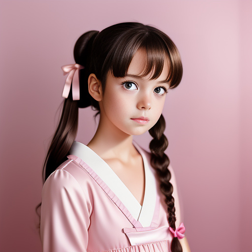 6 year old girl. she has dark brown hair that is up in high pigtails with a pink ribbon. she has pale skin and hazel eyes. she is wearing a pink dress. she has light tears in her eyes, and a hint of a bruise on her right temple. her expression is sad, and withdrawn. realistic picture.american. in anime style