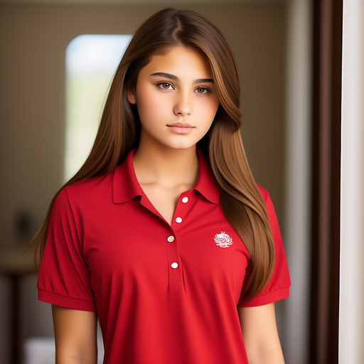 18 year old huge thick chest white girl brown long hair behind head in 5 buttons tipped red polo shirt 
 in custom style