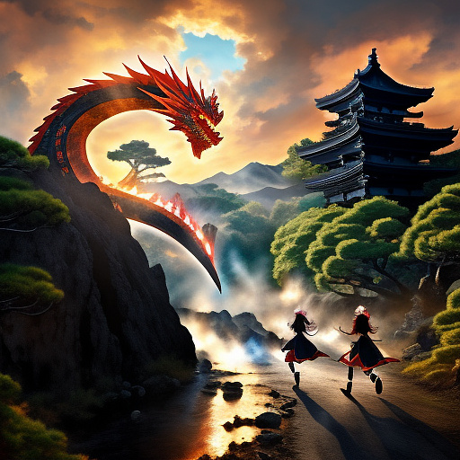 Two elves running away from a giant fire dragon, epic fantasy in anime style