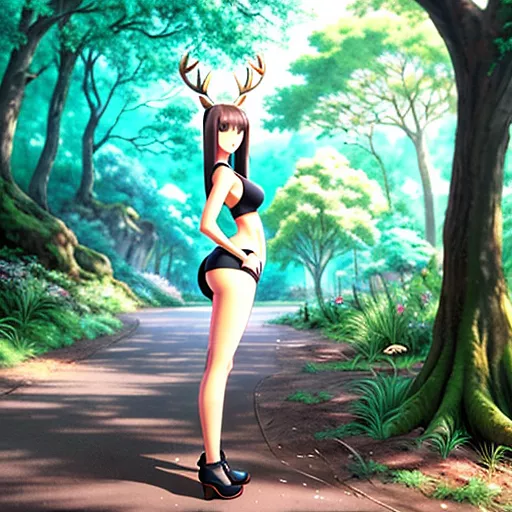 A deer lady standing in a suggestive pose in a forest in anime style