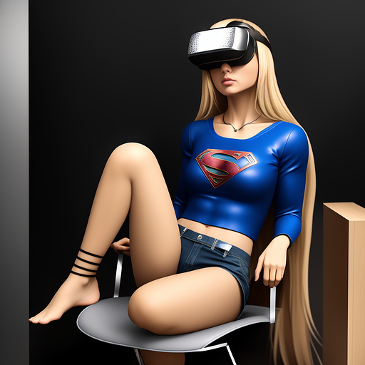 Supergirl, blonde, wearing shorts, sat in chair, vr headset, wrists bound, chains, sexy, swedish model in anime style