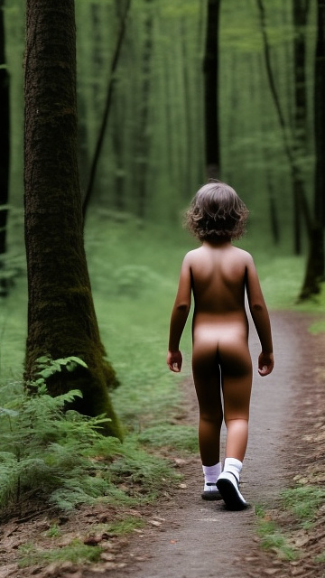 A 9-year-old naked girl is walking through the woods alone. in custom style