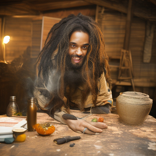 A black rastafarian is sitting on a worktable, smiling happily and smoking. the room is smoky. in custom style