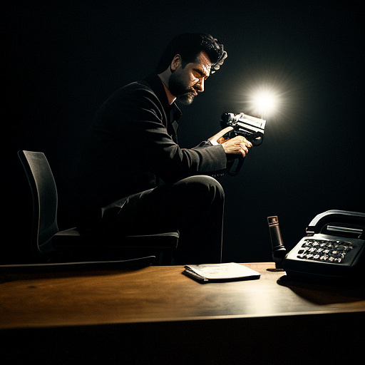 In a dark room, there is a telephone and a gun on the table. a man is sitting on a chair, and he is dead. in custom style
