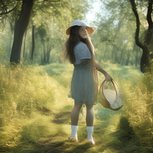 A girl is skipping across a sunny lawn. she has a basket in her hands and a hat on her head. in custom style